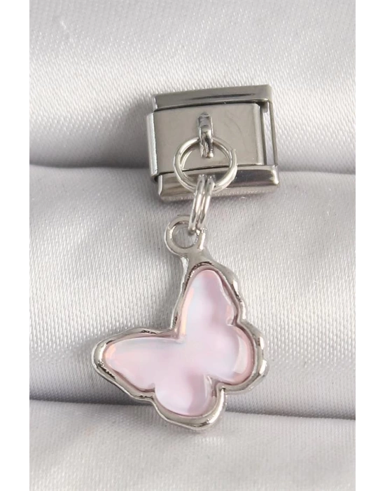 316L Çelik Gümüş Renk Pembe Kelebek Model Nomination Charm