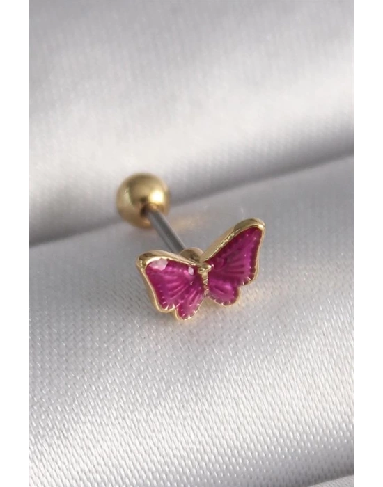 316L Çelik Gümüş Renk Pembe Kelebek Model Tragus Piercing