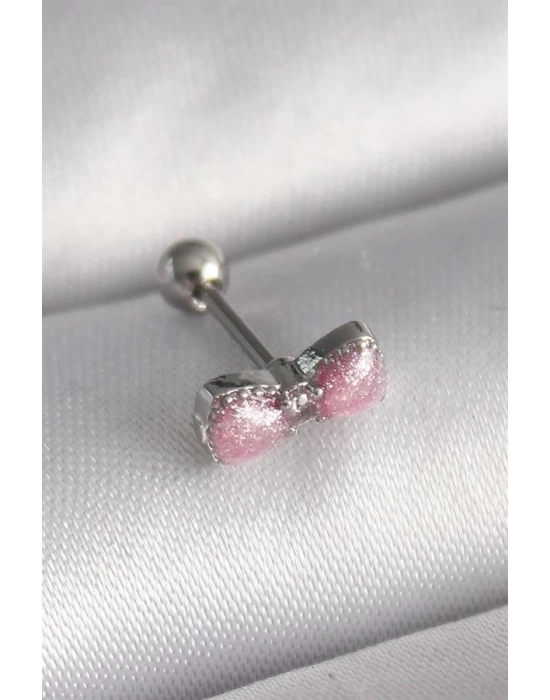 316L Çelik Gümüş Renk Pembe Kurdele Zirkon Taş Detay Tragus Piercing