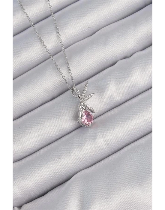 316L Çelik Zincir Gümüş Renk Pembe Zirkon Taşlı Peri Kolye