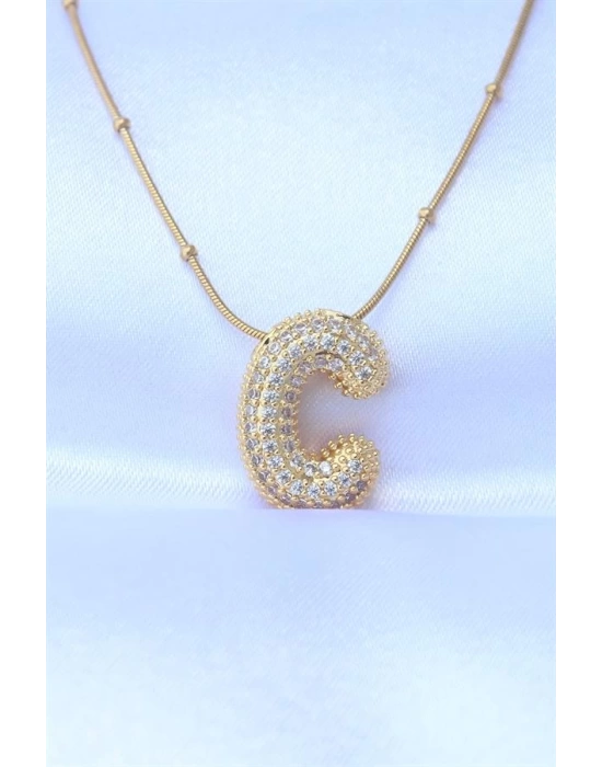 316L Çelik Zincirli Zirkon Taşlı C Harfli Gold Renk Bubble Kolye