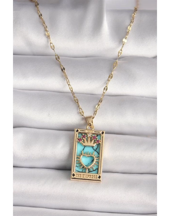 316L Gold Renk Pembe Zirkon Taşlı Taç Kalp Portre Model Kadın Kolye