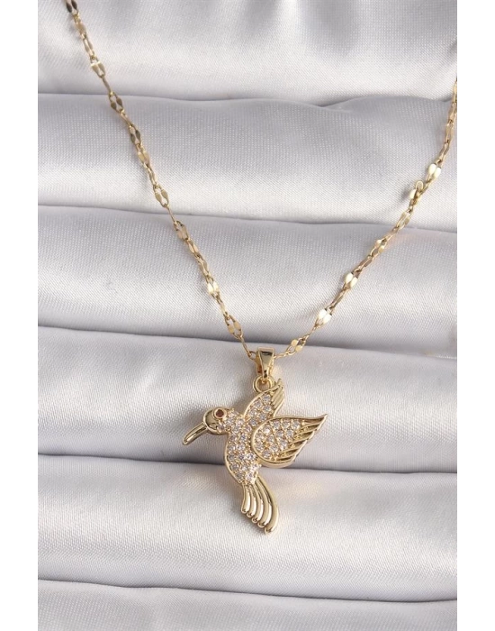 316L Gold Renk Zirkon Taşlı Sinek Kuşu Model Kadın Kolye