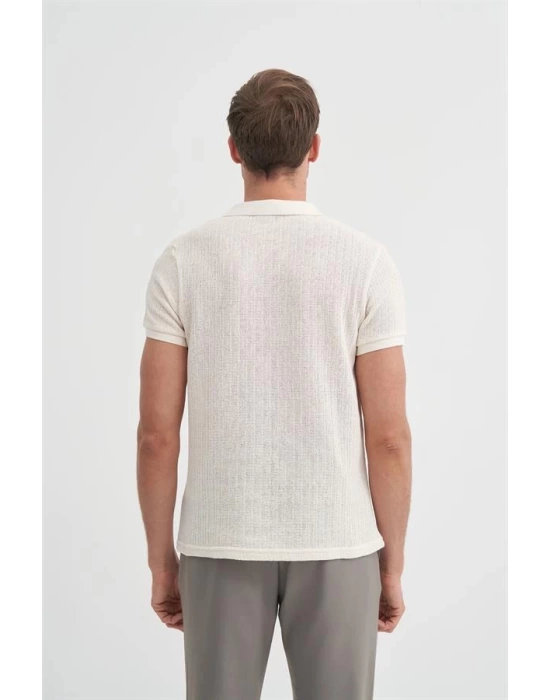 4012 Örgü Polo Yaka Erkek TShirt Ekru