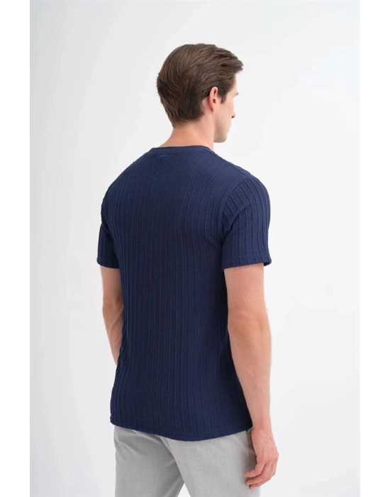 4051 Bisiklet Yaka Desenli Erkek T-Shirt LACİVERT