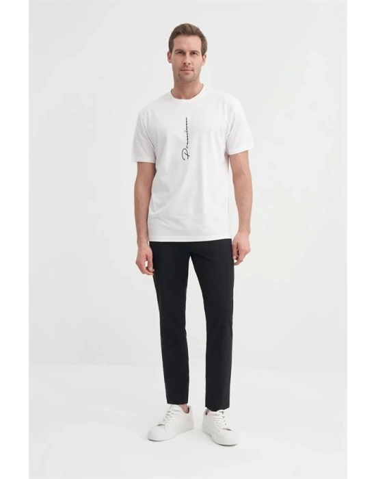 4091 Yazı Baskılı Bisiklet Yaka Erkek T-Shirt Beyaz