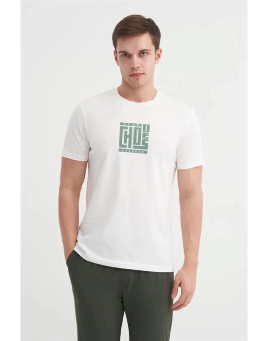 4165 Bisiklet Yaka Baskılı Erkek T-Shirt EKRU