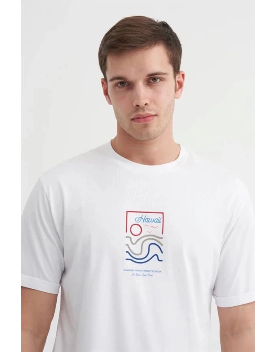 4188 Bisiklet Yaka Baskılı Erkek T-Shirt Beyaz