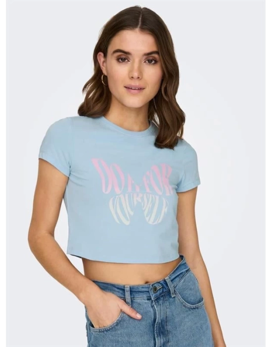 Baskılı Bisiklet Yaka Crop T-Shirt