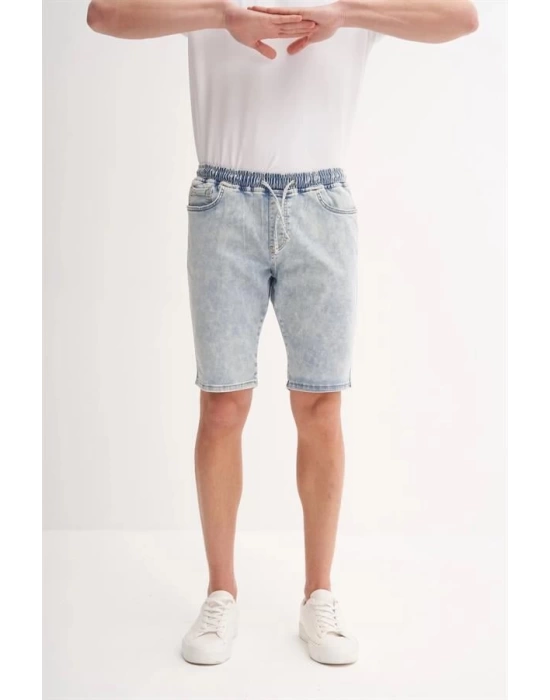 CAZ6714 Beli Lastikli Erkek Bermuda Kot Short Buz Mavi