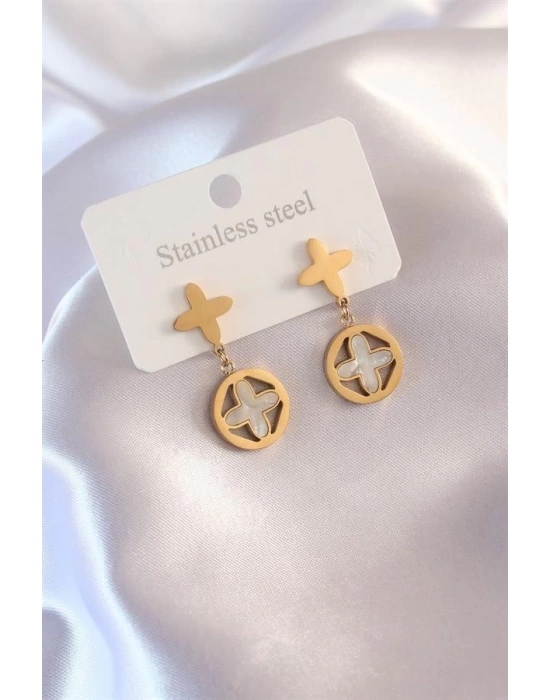 Çelik Gold Renk Yonca Model Kadın Küpe