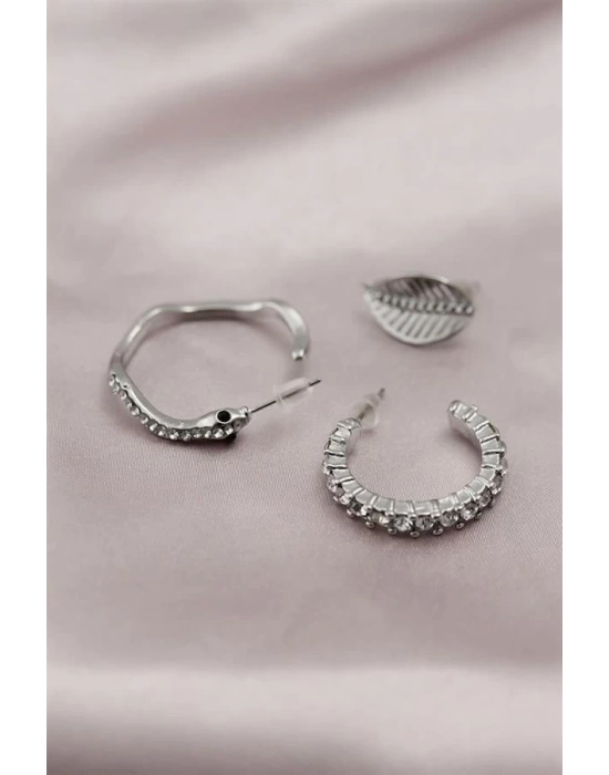 Gümüş Renk Metal Zirkon Taşlı Yılan Model Kadın Küpe Seti