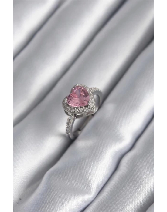 Gümüş Renk Pembe Zirkon Taşlı Charm Kalp Model Kadın Yüzük