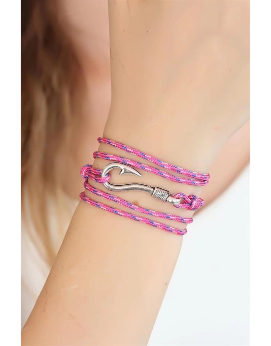Karışık Desenli Pembe Renk Gümüş Metal Kancalı Bayan Çoklu Bileklik