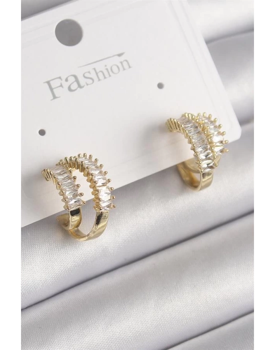 Pirinç Gold Renk 2Li Zirkon Taşlı Halka Model Kadın Küpe