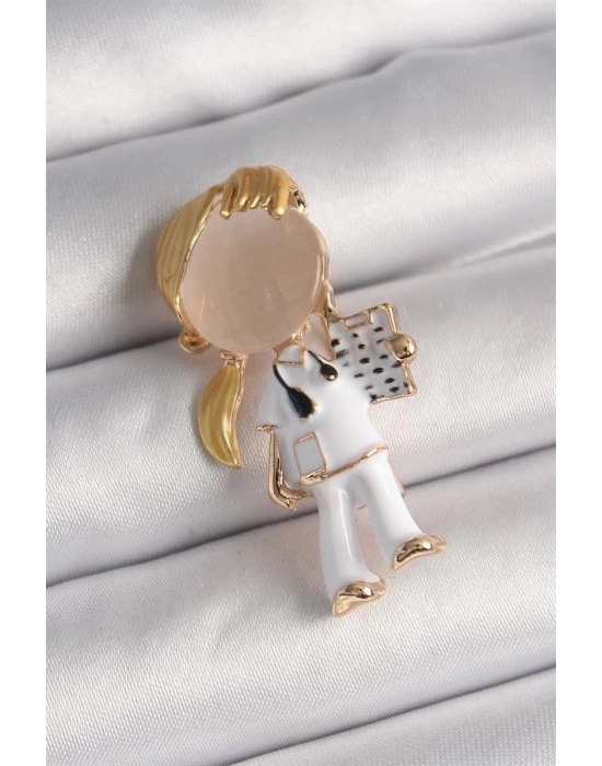 Pirinç Gold Renk Beyaz Mineli Doktor Model Kadın Broş