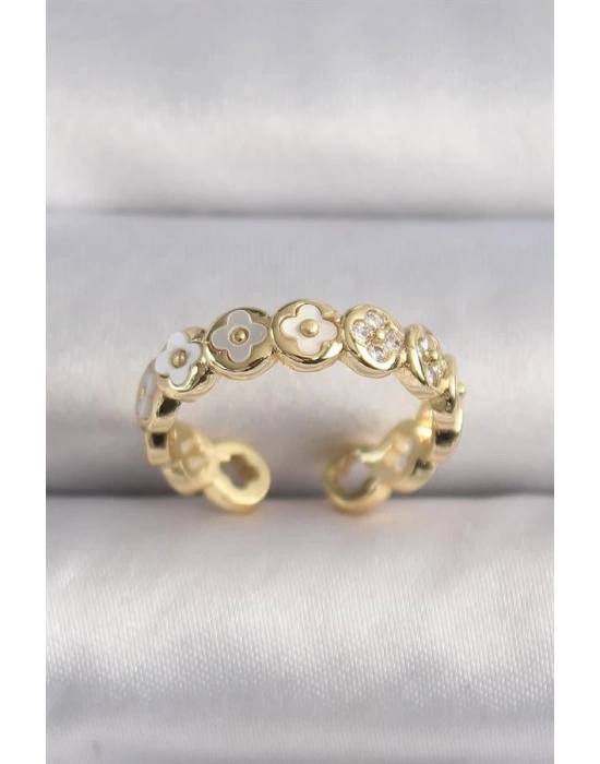 Pirinç Gold Renk Beyaz Sedefli Yonca Model Kadın Yüzük