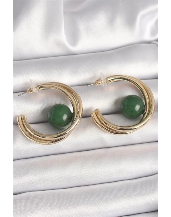 Pirinç Gold Renk Halka Model Yeşil Boncuk Detay Kadın Küpe