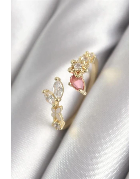 Pirinç Gold Renk Pembe Zirkon Taşlı Yıldız Model Kadın Yüzük