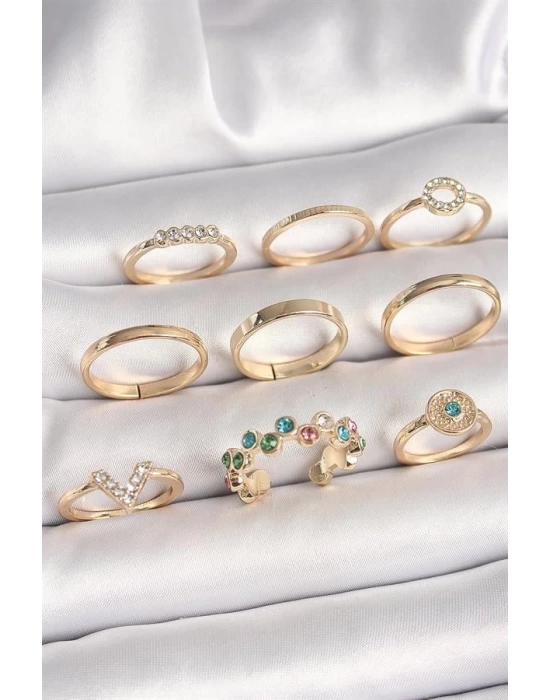 Pirinç Gold Renk Renkli Zirkon Taşlı Kadın Yüzük Kombini