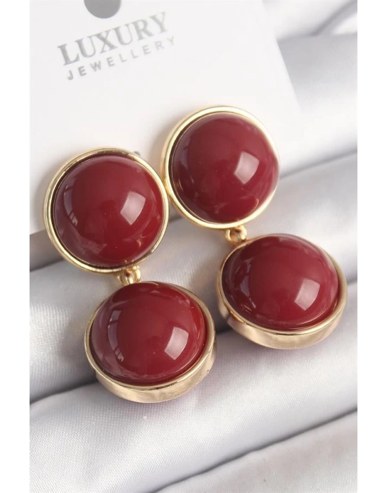 Pirinç Gold Renk Sallantı Bordo Daire Model Kadın Küpe