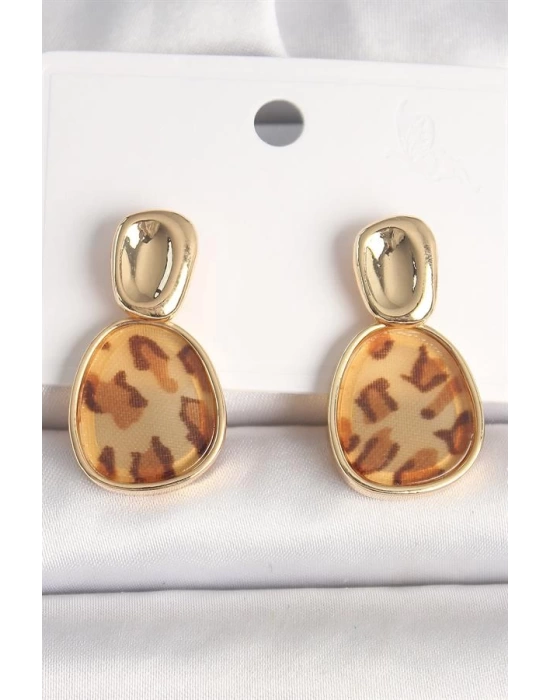 Pirinç Gold Renk Sallantı Leopar Desen Kare Model Kadın Küpe