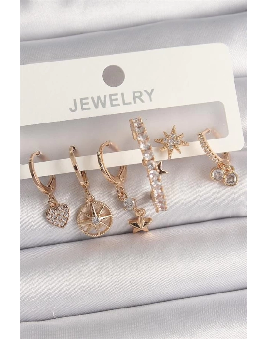 Pirinç Gold Renk Sallantı Zirkon Taşlı Yıldız Model Kadın Küpe Seti
