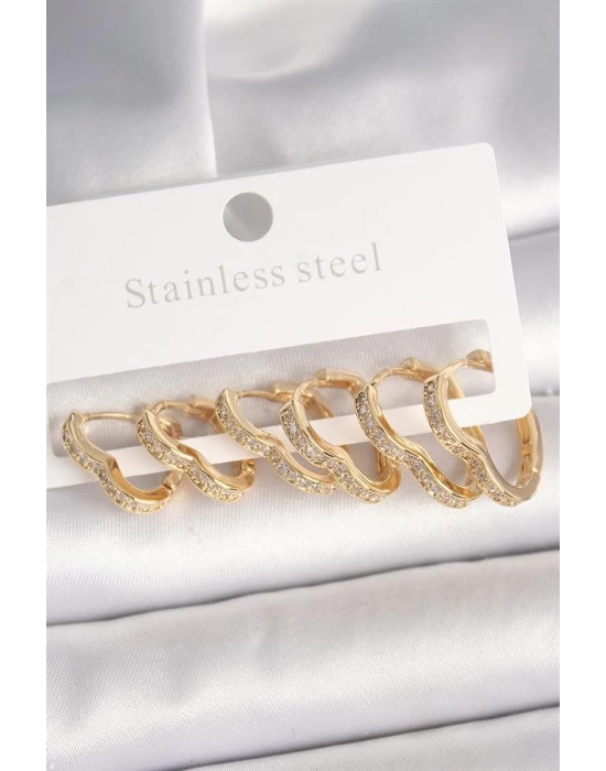 Pirinç Gold Renk Zirkon Taşlı 3 Çift Kalp Model Kadın Küpe