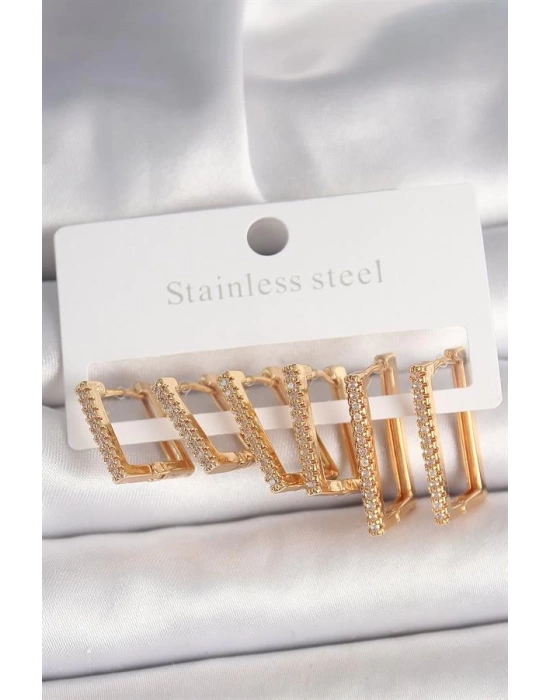 Pirinç Gold Renk Zirkon Taşlı 3 Çift Kare Model Kadın Küpe