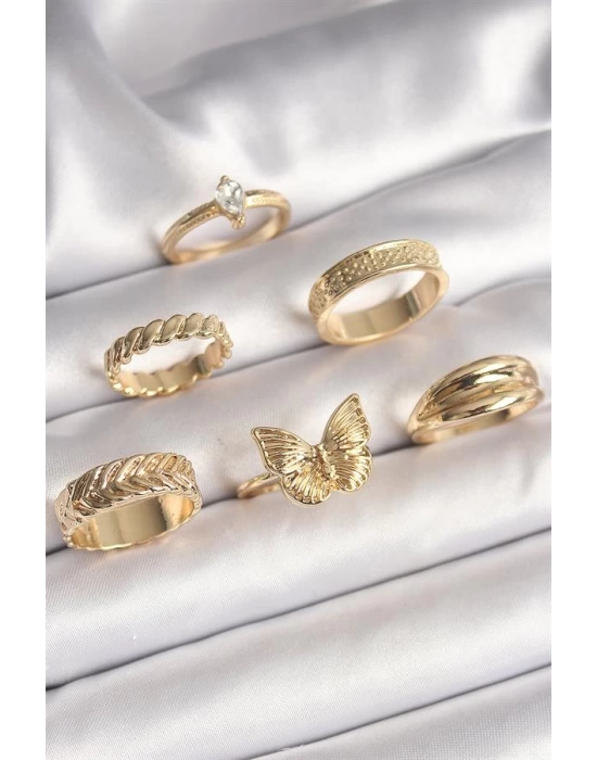 Pirinç Gold Renk Zirkon Taşlı İşleme Detaylı Kelebek Figürlü 6Lı Kadın Yüzük Seti