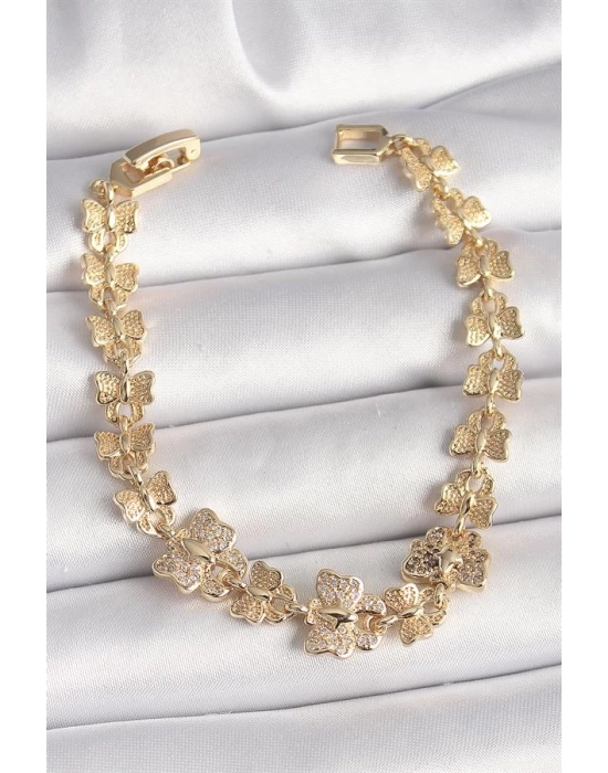 Pirinç Gold Renk Zirkon Taşlı Kelebek Model Zincir Kadın Bileklik