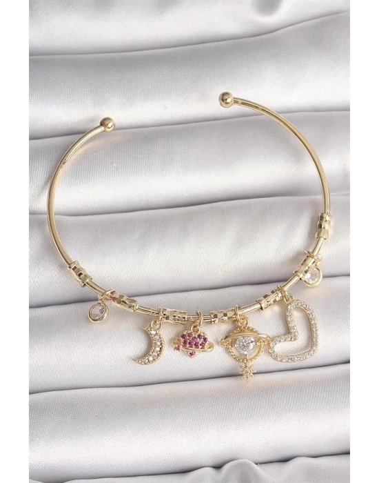 Pirinç Gold Renk Zirkon Taşlı Sallantı Gezegen Model Yıldız Detay Charm Kadın Bileklik