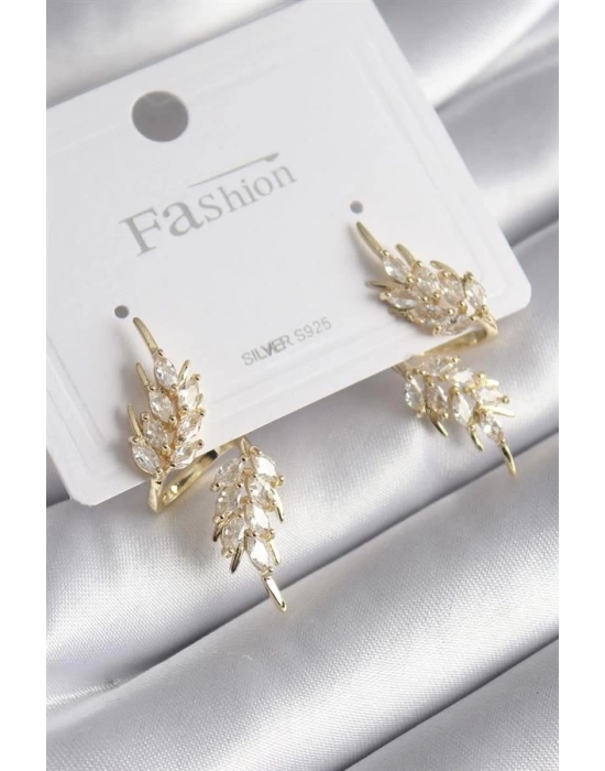 Pirinç Gold Renk Zirkon Taşlı Yaprak Model Kadın Küpe