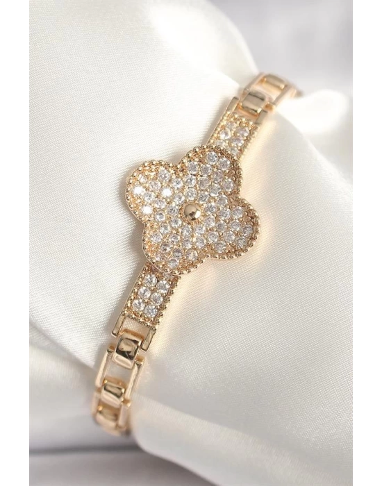 Pirinç Gold Renk Zirkon Taşlı Yonca Model Kadın Bileklik
