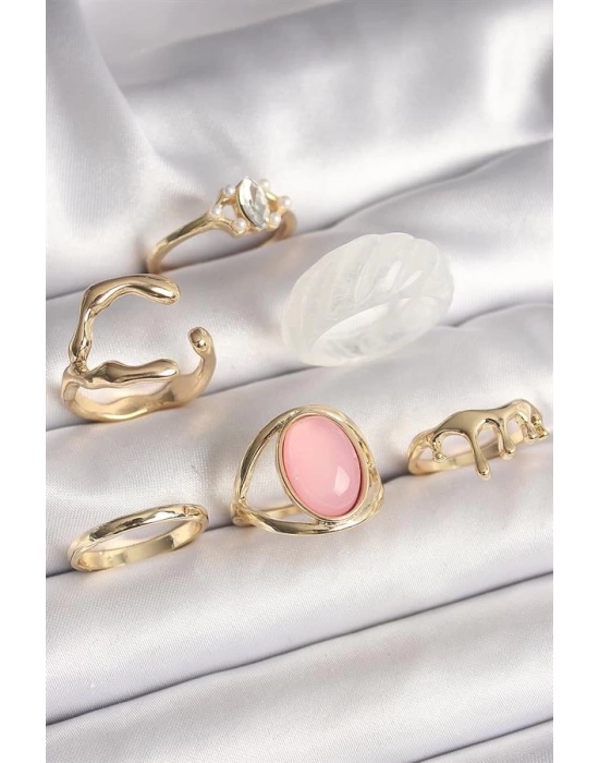 Pirinç Gold Renk Zirkonlı Oval Pembe Mineli 6Lı Kadın Yüzük Seti