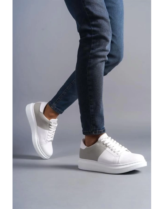 SLW151 Boost Bağcıklı Cilt Süet Erkek Günlük Sneaker Ayakkabı BT - Beyaz/Gri