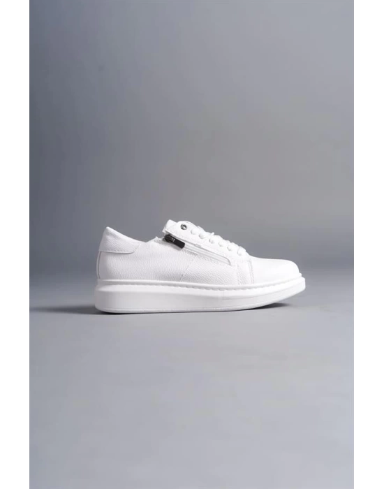 SLW155 Warrior Bağcıklı ve Fermuarlı Cilt Erkek Günlük Sneaker Ayakkabı BT - Beyaz