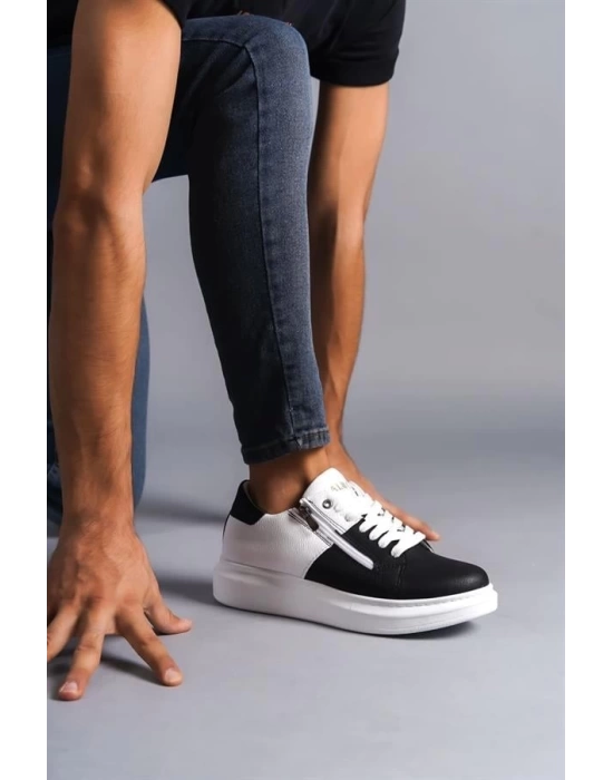 SLW155 Warrior Bağcıklı ve Fermuarlı Cilt Erkek Günlük Sneaker Ayakkabı BT - Beyaz/Siyah