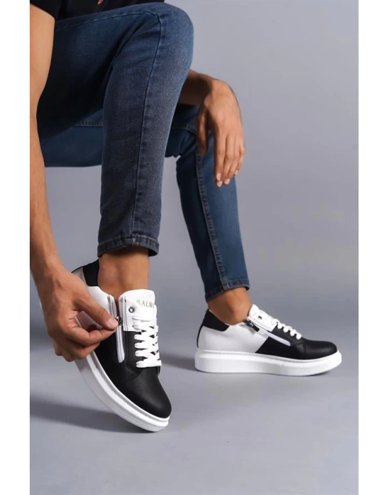 SLW155 Warrior Bağcıklı ve Fermuarlı Cilt Erkek Günlük Sneaker Ayakkabı BT - Beyaz/Siyah