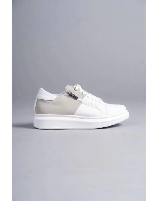 SLW155 Warrior Bağcıklı ve Fermuarlı Cilt Süet Erkek Günlük Sneaker Ayakkabı BT - Beyaz/Gri