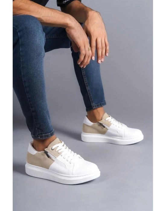 SLW155 Warrior Bağcıklı ve Fermuarlı Cilt Süet Erkek Günlük Sneaker Ayakkabı BT - Beyaz/Krem