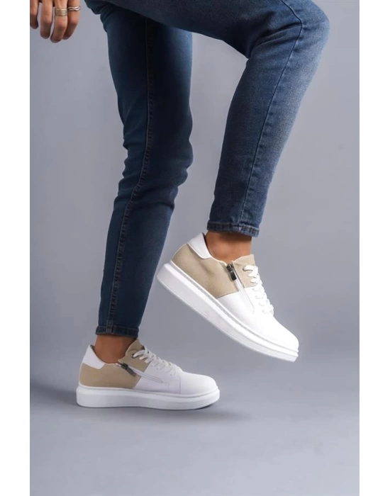 SLW155 Warrior Bağcıklı ve Fermuarlı Cilt Süet Erkek Günlük Sneaker Ayakkabı BT - Beyaz/Krem