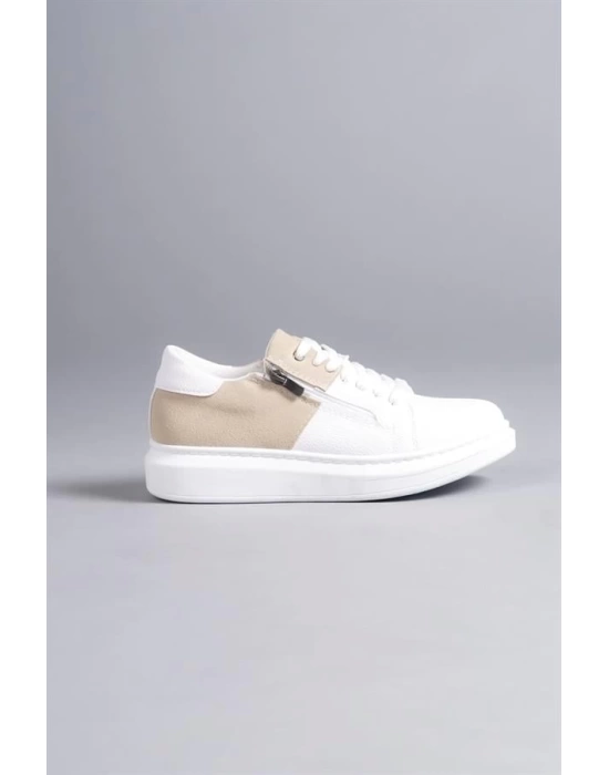 SLW155 Warrior Bağcıklı ve Fermuarlı Cilt Süet Erkek Günlük Sneaker Ayakkabı BT - Beyaz/Krem