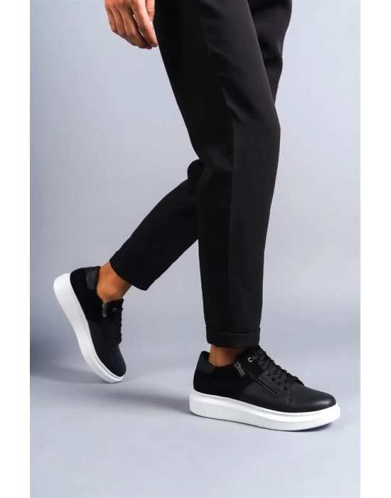 SLW155 Warrior Bağcıklı ve Fermuarlı Cilt Süet Erkek Günlük Sneaker Ayakkabı BT - Siyah