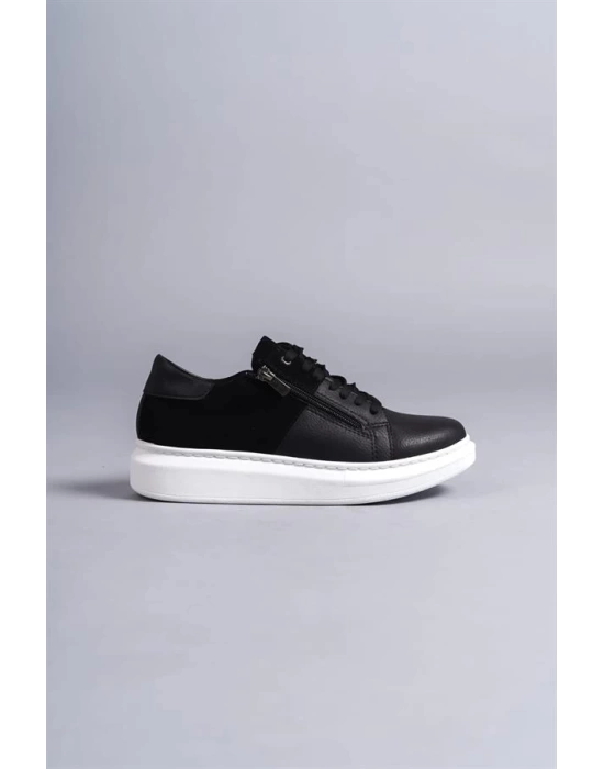 SLW155 Warrior Bağcıklı ve Fermuarlı Cilt Süet Erkek Günlük Sneaker Ayakkabı BT - Siyah