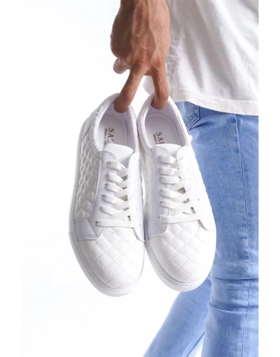 SLW166 Prestige Bağcıklı Cilt Kapitone Desenli Erkek Günlük Sneaker Ayakkabı BT - Beyaz