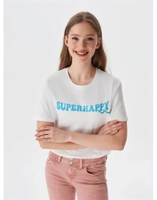 Super Happy Bisiklet Yaka T- Shirt Beyaz