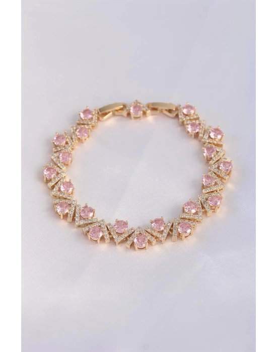 Vip Seri Pirinç Pembe Zirkon Taşlı Gold Renk V Model Bileklik