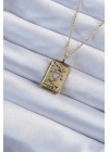 316L Çelik Zincir Eskitme Altın Renk Pembe Mineli Kalp Figürlü Tarot Kolye