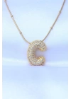 316L Çelik Zincirli Zirkon Taşlı C Harfli Gold Renk Bubble Kolye